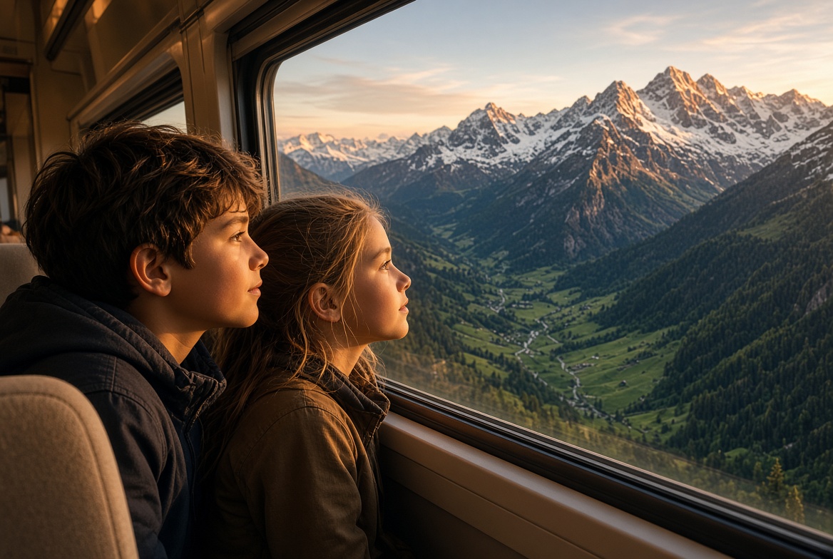 Two children watching the Alps from a train window at sunset