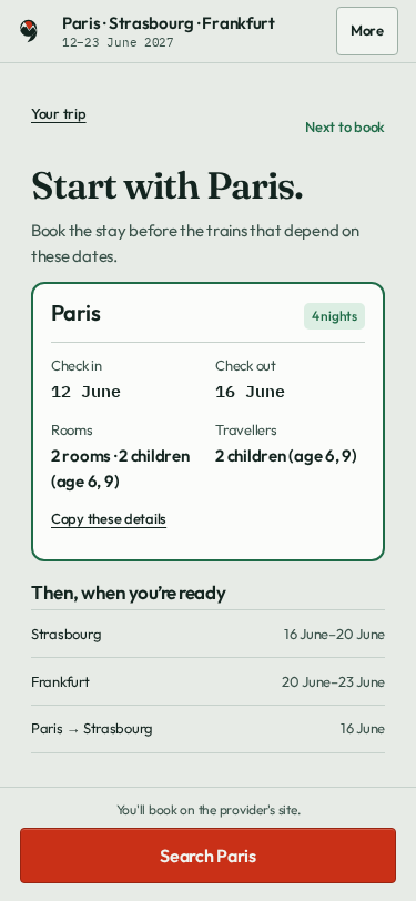 Recorded booking card with dates, children's ages and the rooms to ask for