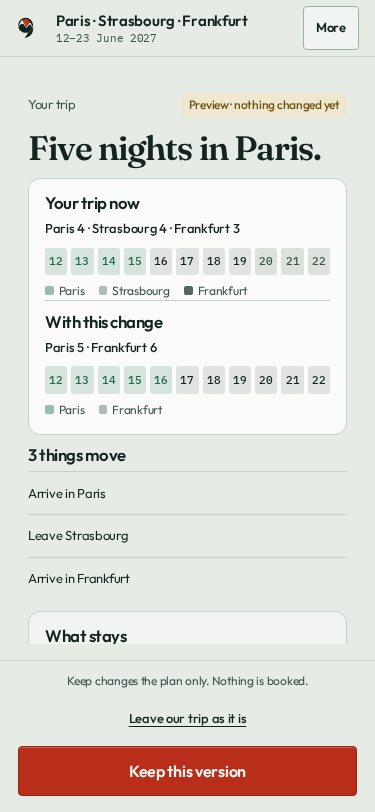 App screen showing the proposed extra Paris night before it is chosen