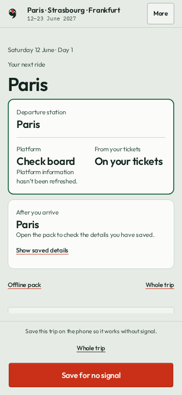 Recorded travel-day screen showing the family in Paris and a place to report a problem