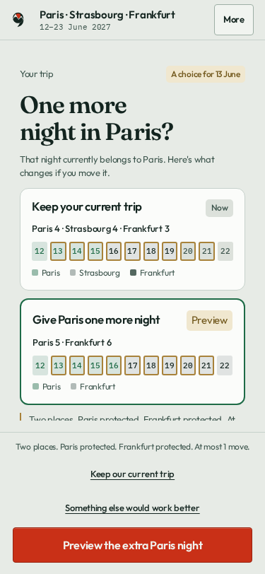 App screen comparing the current trip with a proposed route