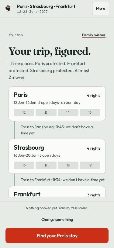 The recorded trip in the app: Train to Strasbourg, 1h43, we don’t have a time yet