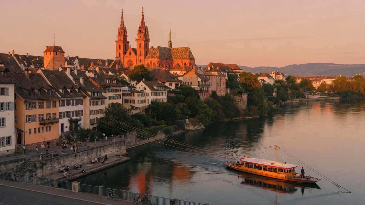 Basel Minster above the Rhine at golden hour with a ferry crossing
