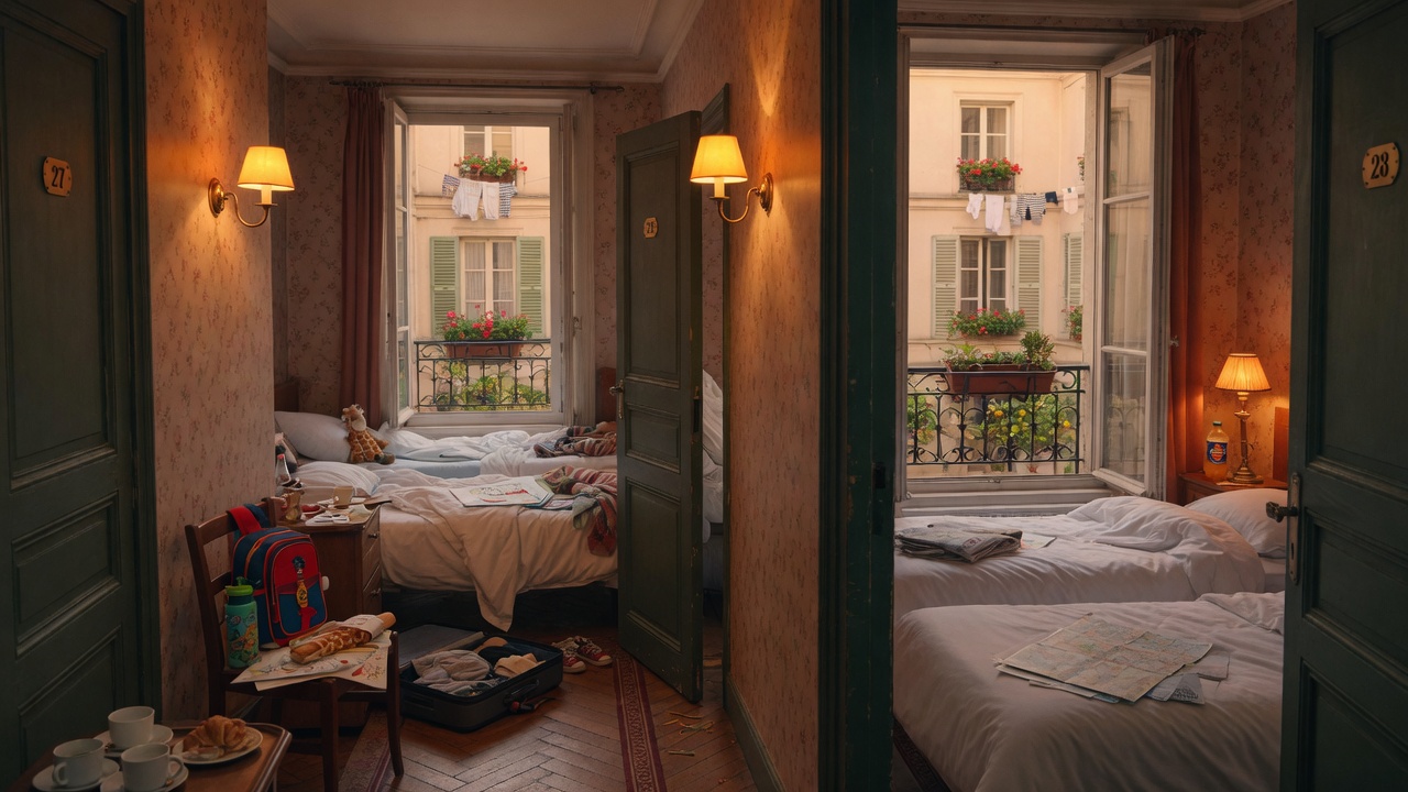 Two adjacent family hotel rooms with connecting doors open onto a Paris courtyard