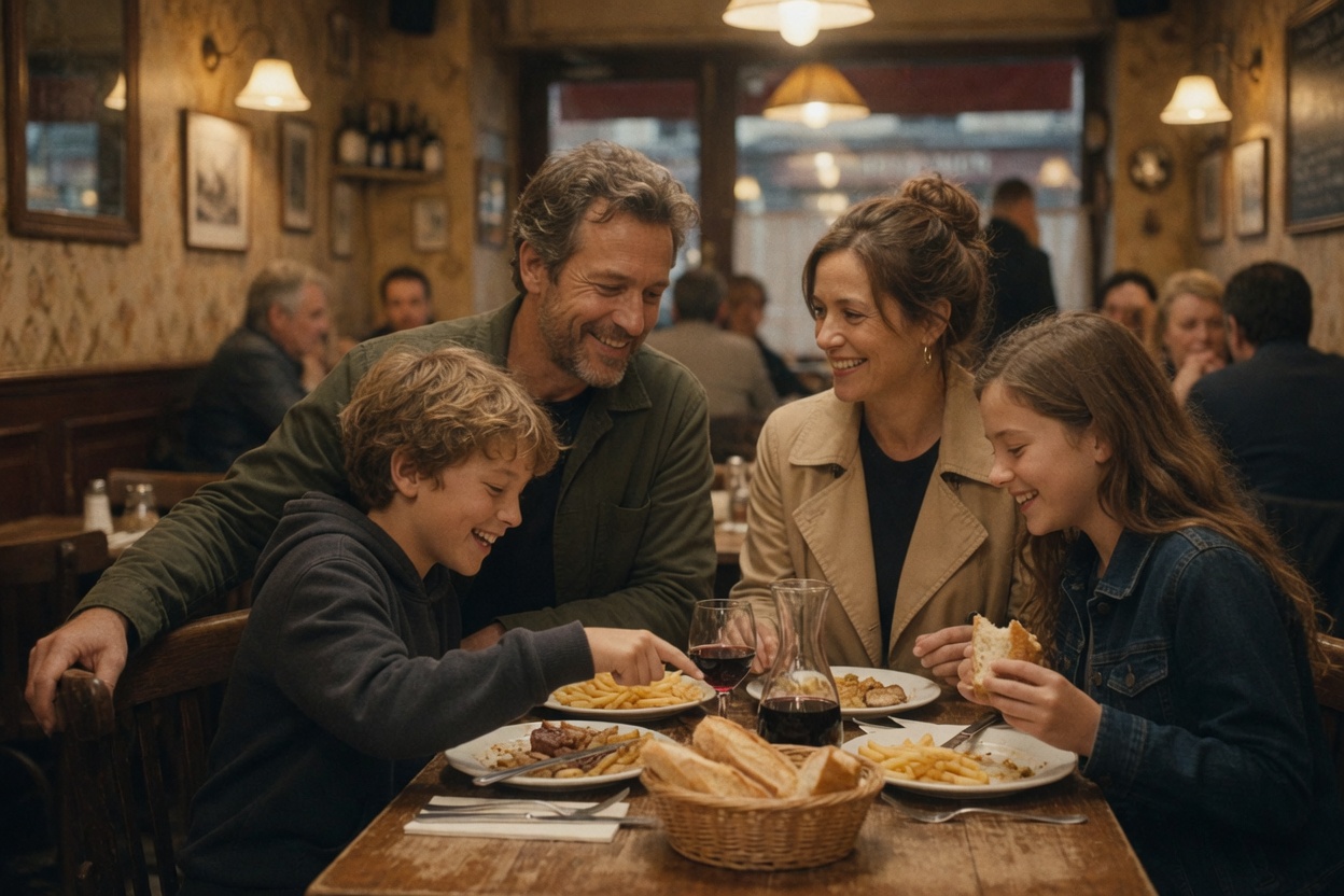 The family seated together at an early dinner in a Paris bistro