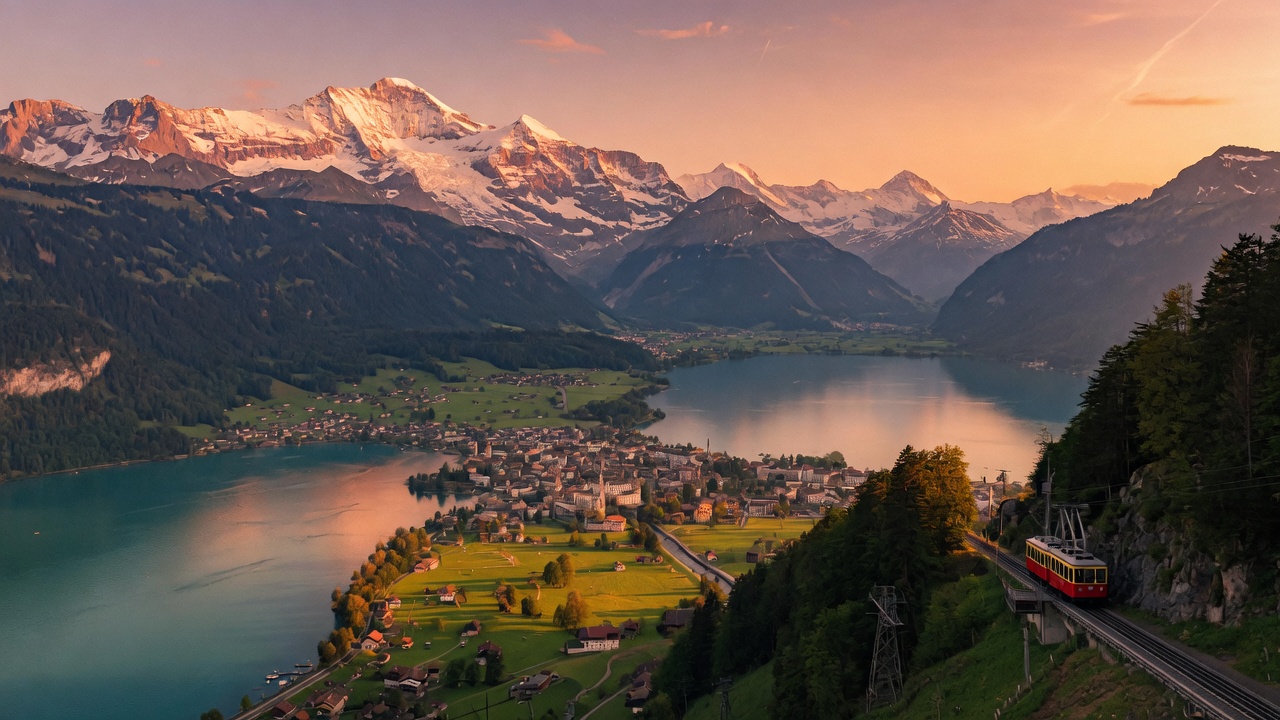 Interlaken valley between two lakes with the Jungfrau massif at sunset