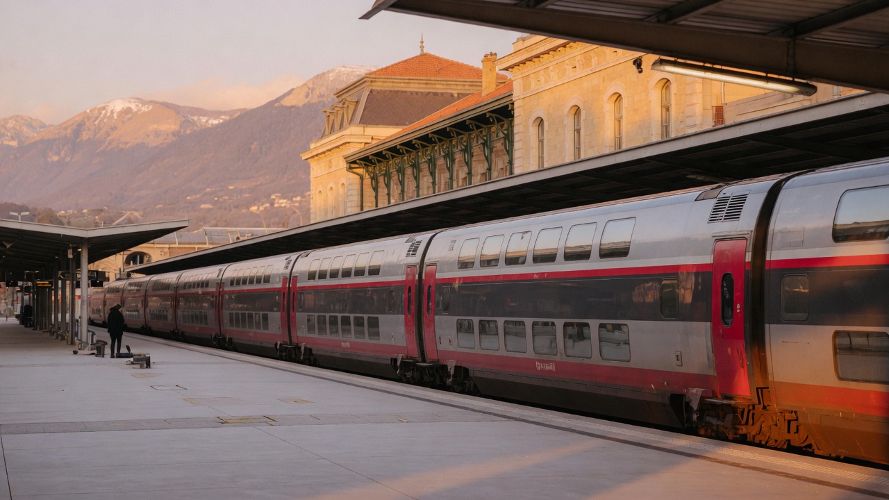 A red high-speed train at a European platform in late afternoon light